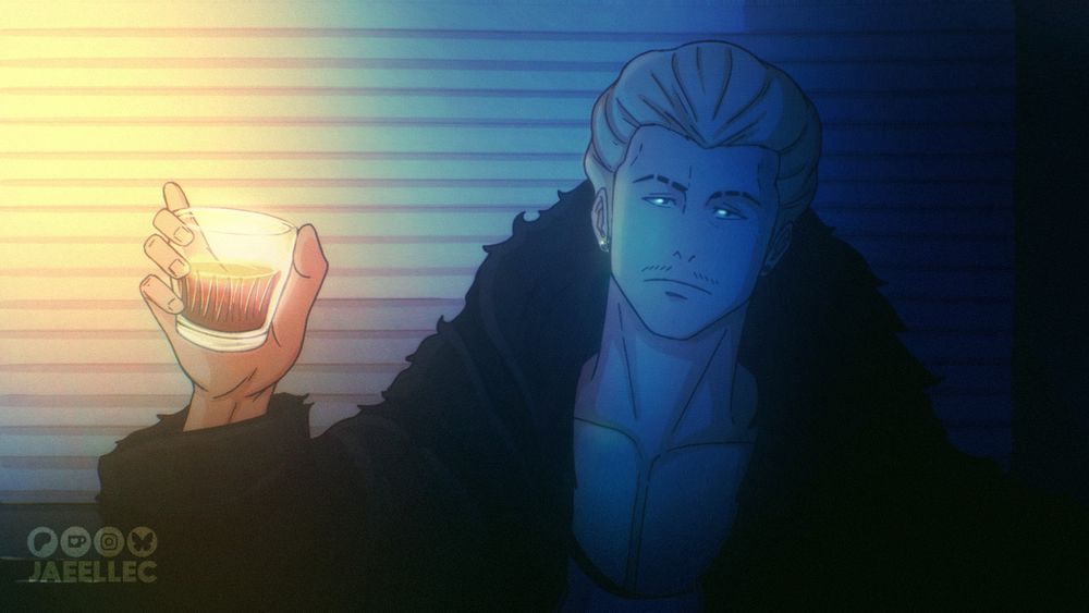 An attempted screenshot rendering of Kinji Hakari posed like Tyler Durden from that iconic Fight Club scene. He's bored while watching the fights on his monitors, holding a glass of whisky. The room is gently lit in a complimentary color scheme from the monitors and a lamp off-screen to the left