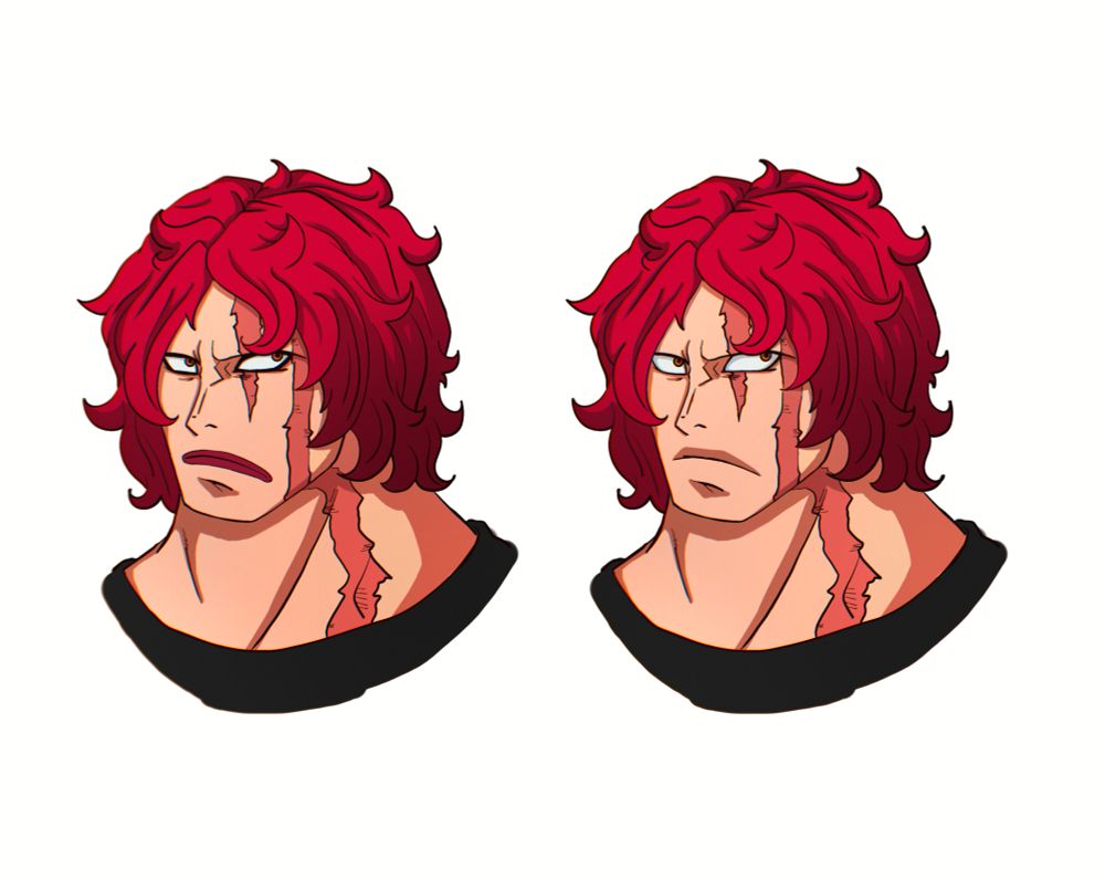 Two simple side-by-side headshots of Captain Kid with his goggles gone and his hair down. He's wearing his usual makeup on the left, but bare-face on the right