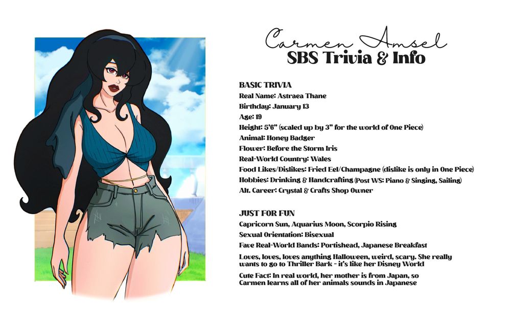 One Piece OC SBS trivia with a half-body picture of her during the events of Wandering Star on the left