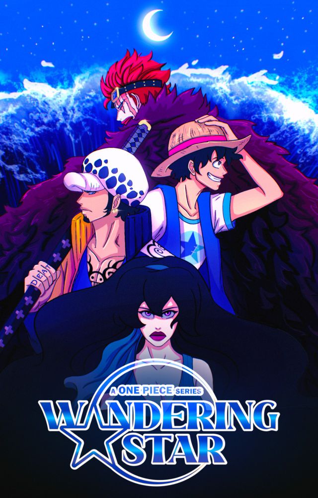 Fully rendered Wattpad cover with Supernova Trio and OC. Everything is blue, and the Wandering Star logo is center on bottom with a moon and tidal wave up top