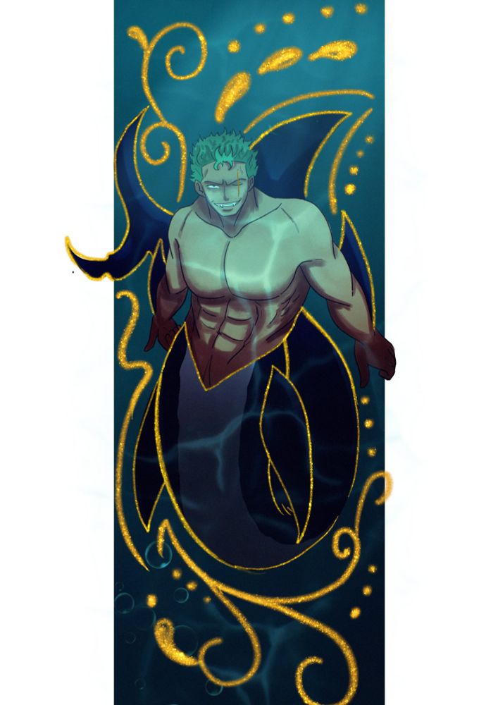 Zoro as a smirking shark merman. The colors are deep navy and teal, and gold lines swirl with his form