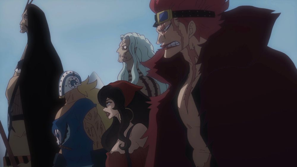 A screenshot edit from One Piece, Episode 1103. The four lead Kid Pirates and the edited-in original character are all gathered on a misty morning facing left and looking with mixed expressions to the distance