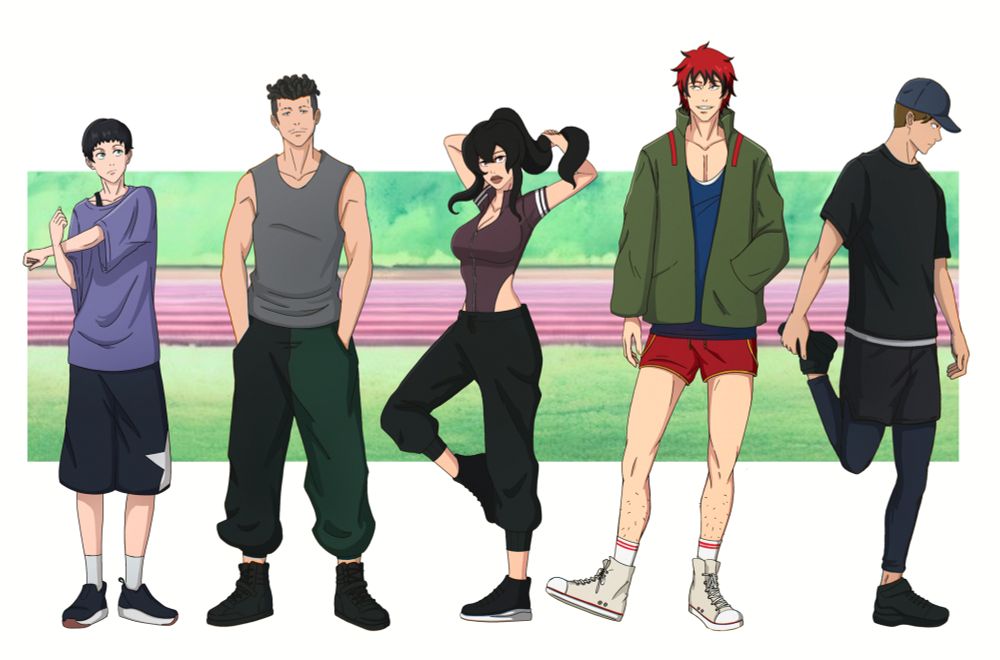 Workout outfit designs for a flashback arc taking place when Kirara, Hakari, and my main OC were all first years and my other OC was a third year with Ino. All are lined up in that order in various poses in front of a small background of the Jujutsu High training yard. Background is from anime! Note: Kirara and Hakari had different designs during this time, and Kirara also still identified as male here