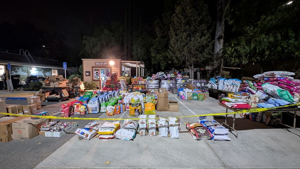 Tons of pet food and supplies at our animal shelter.