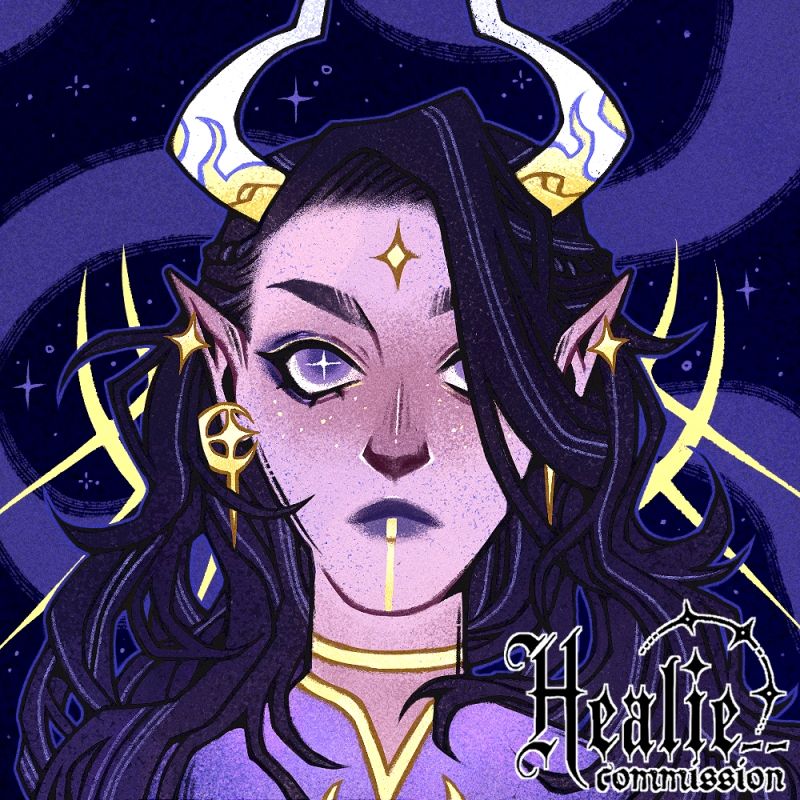 Stylized portrait illustration of a woman with long flowing raven hair, glowing white horns adorned in ornate gold and jewellery in front of a night sky. 