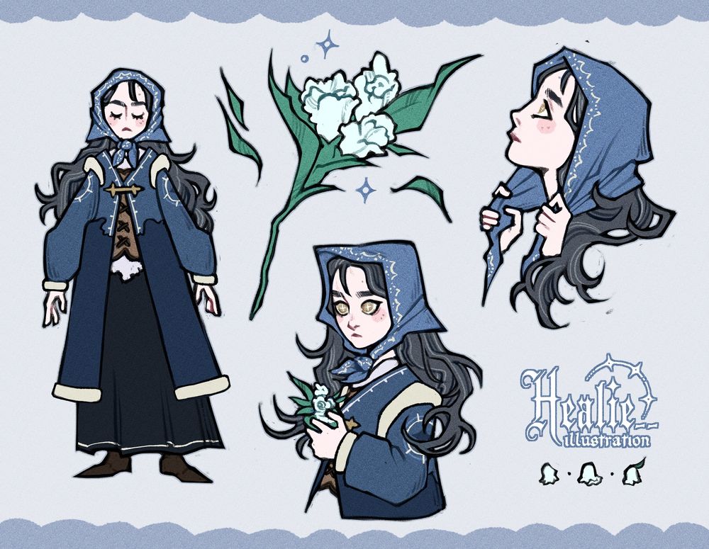 A page of doodles of a girl wearing a scarf around her head, with her dark hair flowing wild beneath it. She wears a blue winter coat and holds some small white flowers in her hands. 