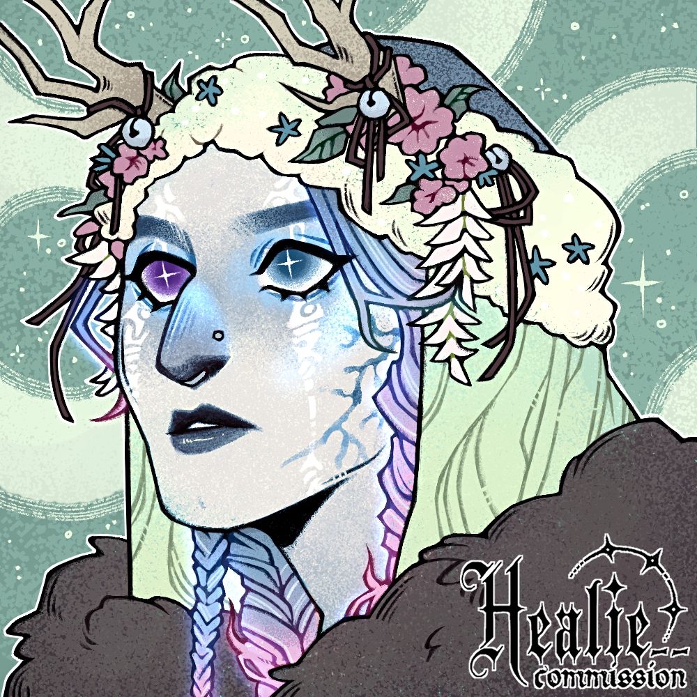 Stylized portrait of a frosty woman with a ghostly pallor. A lightning-like scar crawls across her cheek and her glowing hair is embellished with flowers and bells.