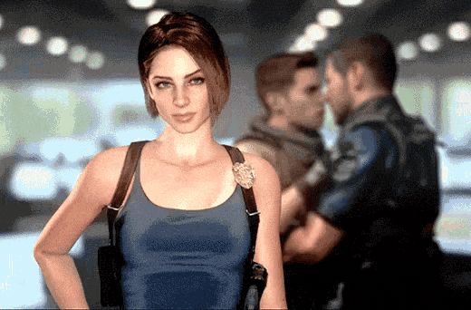 jill valentine watching two men make out behind her while she fujoshi'ing out