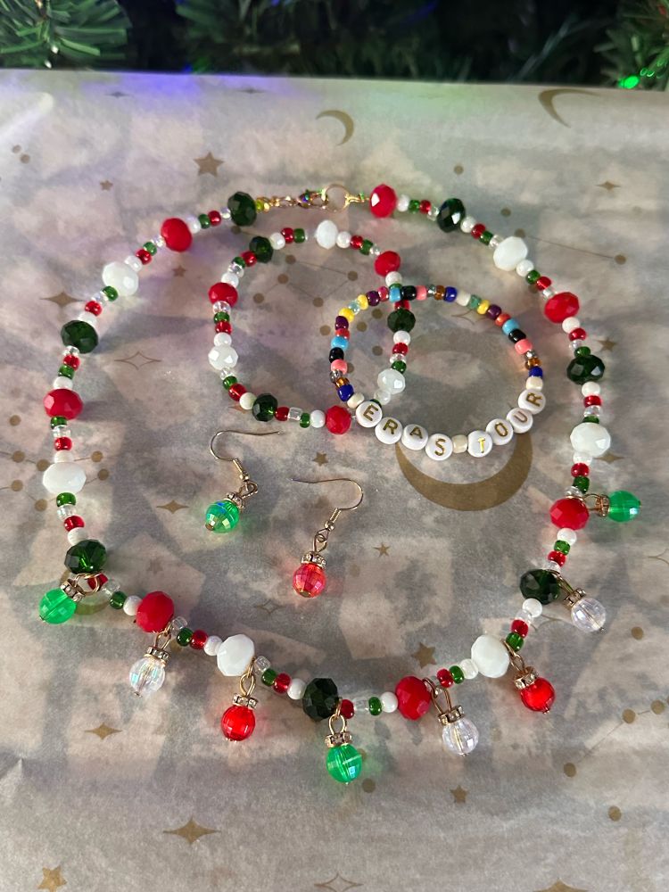 Swiftmas choker with matching earrings and bracelet - plus an Eras Tour friendship bracelet! 