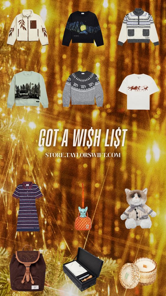 seri’s wish list on taylor’s site with different merch items 