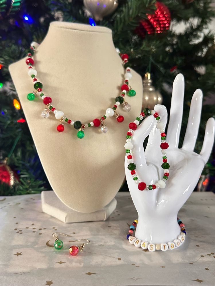 Handmade bead jewelry - Christmas lights set of beaded choker, bracelet, and earrings. Plus one Eras Tour friendship bracelet! 