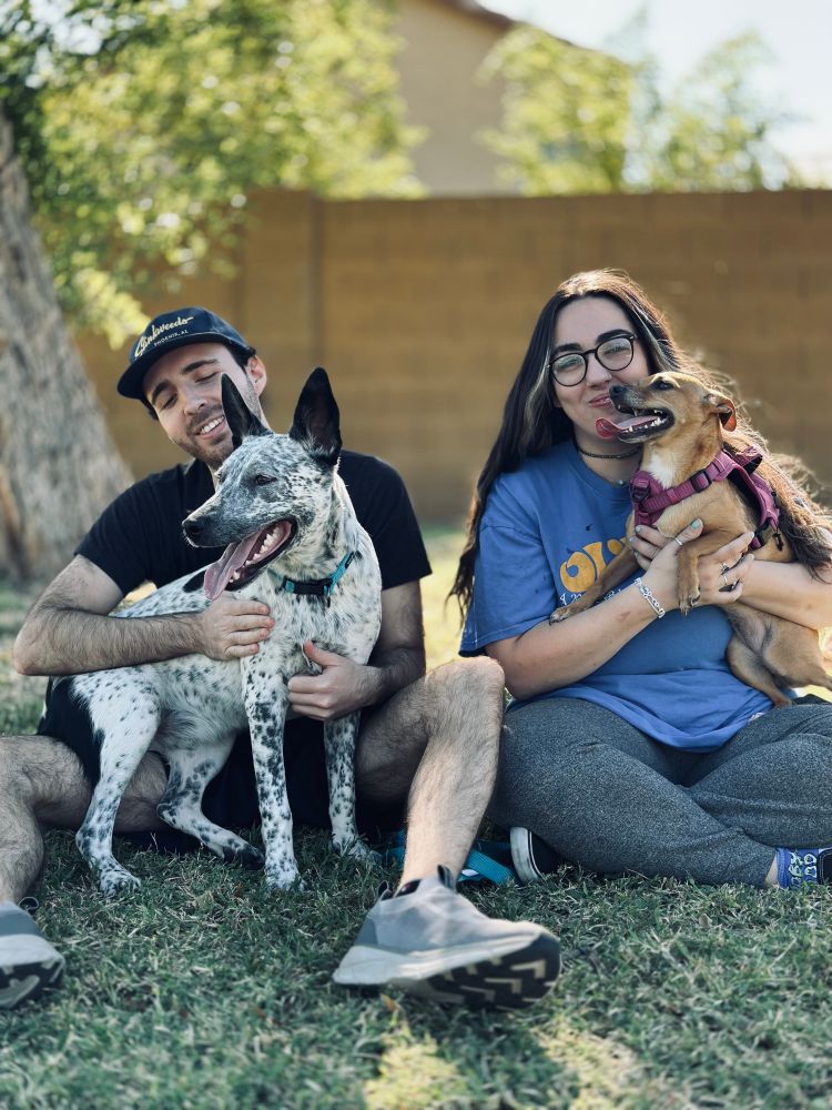 Alexa and Mikka holding the dogs outside on the grass 