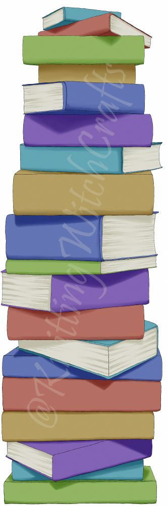 An illustration of a tall stack on books positioned in different angles with colour and a bit of shading