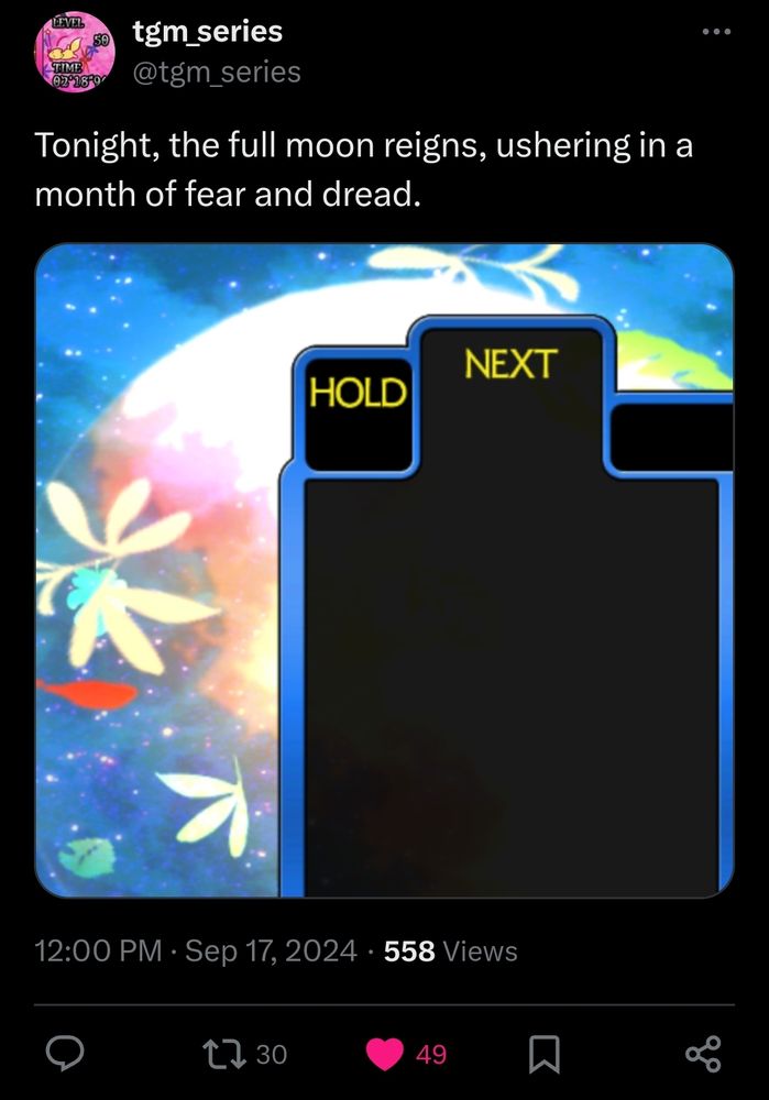 A Twitter post from @tgm_series, showing what appears to be the play field for the recently teased Tetris The Grand Master 4. It is captioned with "Tonight, the full moon reigns, ushering in a month of fear and dread."