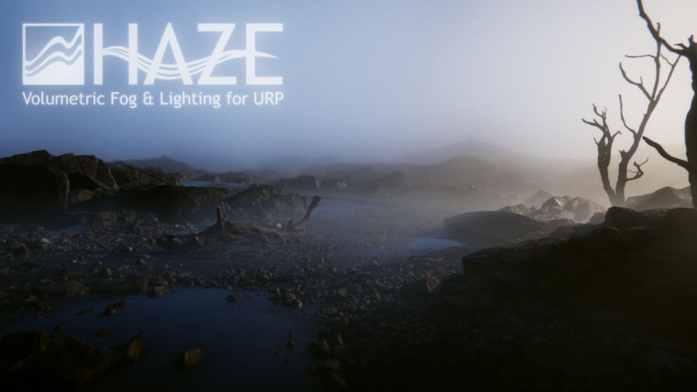 Thumbnail picture for HAZE - Volumetric Fog & Lighting for URP. The logo for the asset can be seen on top of a screenshot of a misty Nordic beach environment with the sun shining from the right.