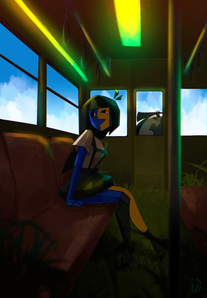 ENA sitting in a train. The floor is covered in grass and the lights are dimmed, with a few yellow and green neon lights. Outside is a bright blue sky.