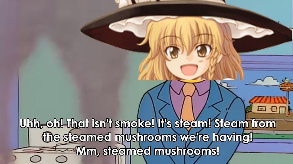 Marisa Kirisame: Uhh, oh! That isn't smoke! It's steam! Steam from the steamed mushrooms we're having! Mm, steamed mushrooms!