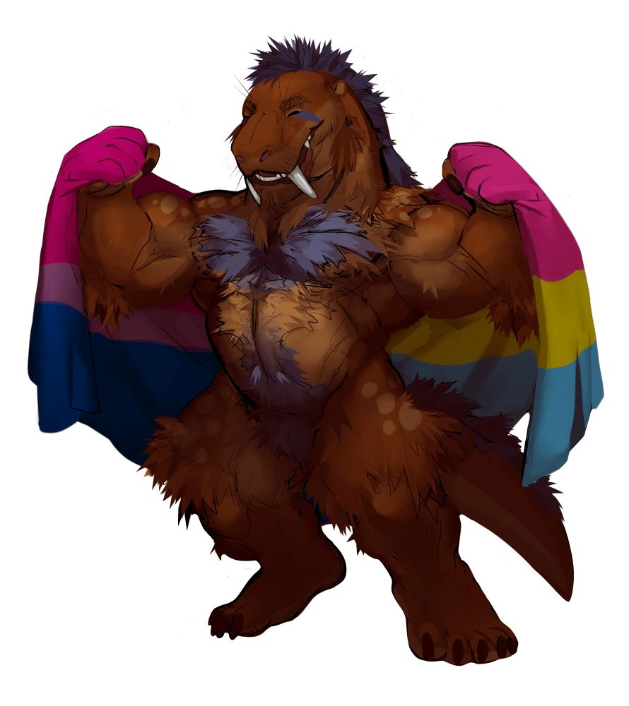 Same character posing with a bi/pan flag. Art by carvarior