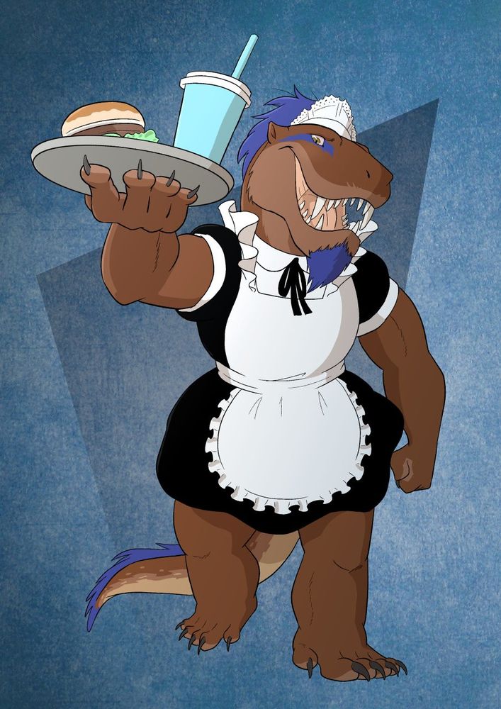 Sakke in maid outfit serving hamburgers. Art by Ukabor