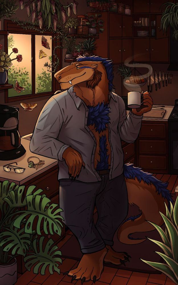 Same OC enjoying a mug of coffee in a cozy kitchen full of plants. Art by notamammal