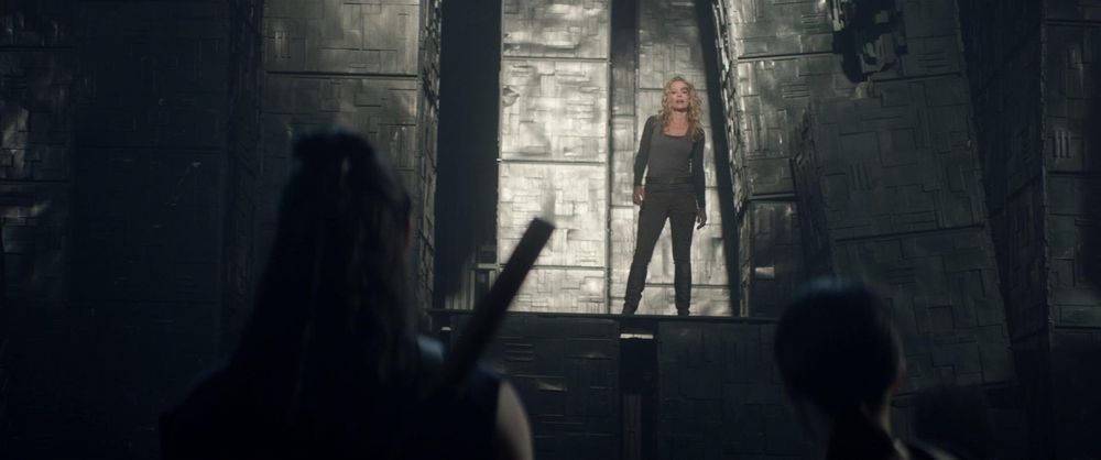 Seven of Nine stands in a depowered Borg cube hallway.