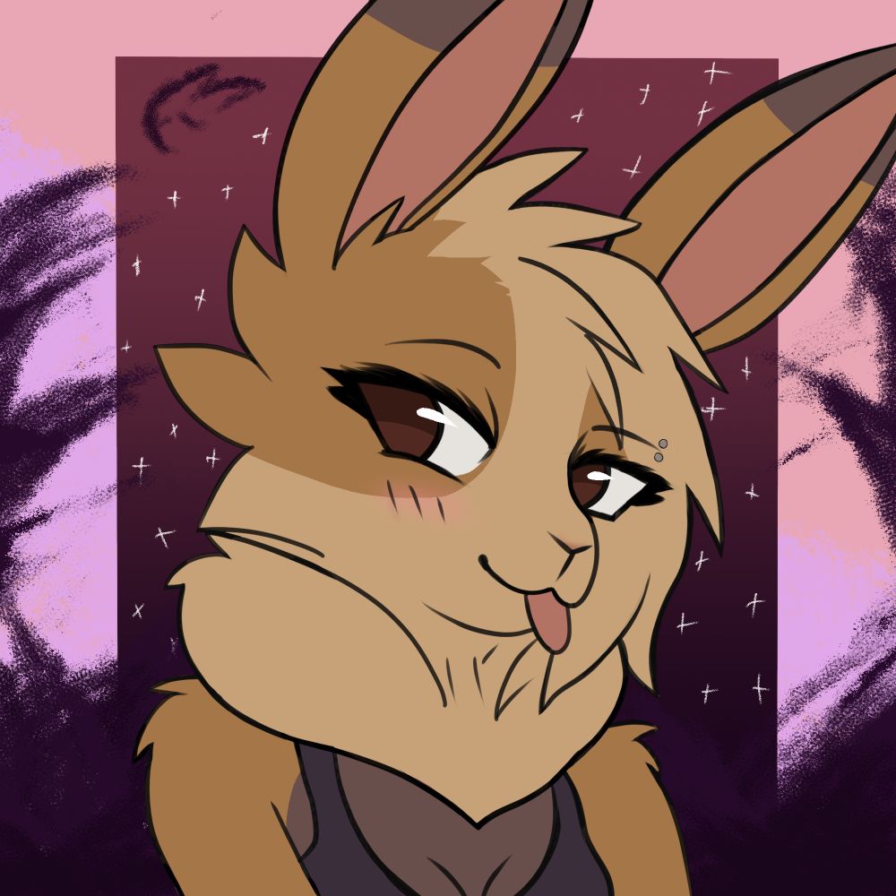 an anthro bunnygirl in a sports bra poses in front of an abstract starry background rectangle. She is giving a knowing smile with her tongue sticking out. Dark ominous energy creeps in from the sides of the frame, obscuring dreamy soft pastel colors. A rough sketch of a sleeping bunny's head can be seen near the top left of the image.