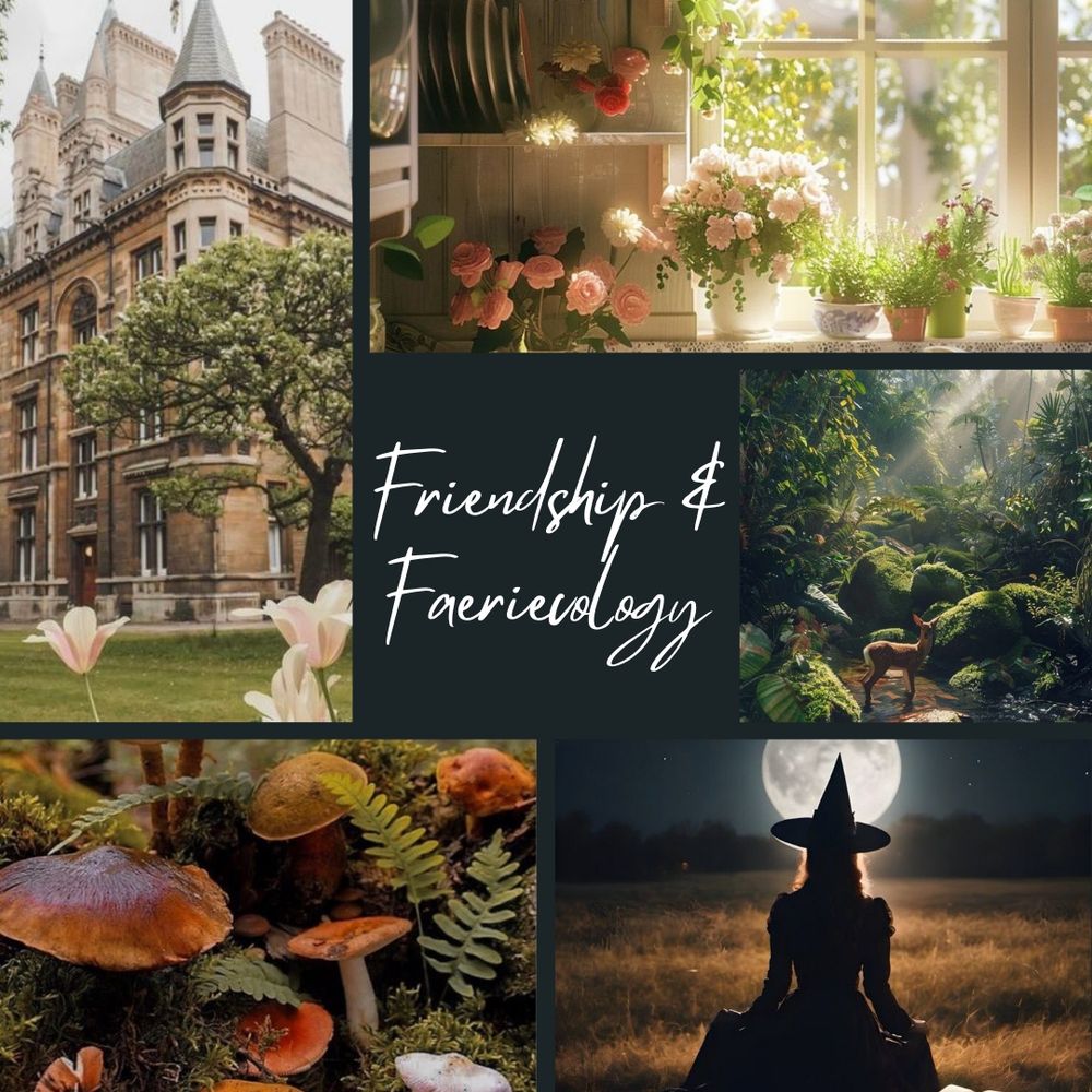 In the center reads the title of my WIP novel, Friendship & Faeriecology, in cursive font. Along the edges are a collage of images: Cambridge University, a kitchen window lined with pink flowers, a deer standing in a forest, a witch sitting in a field under the moonlight, and a patch of mushrooms on the forest floor.