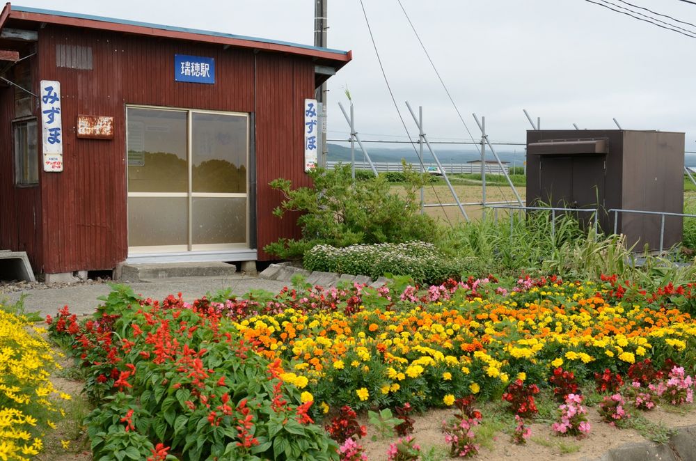 駅舎の手前に花が植えられている