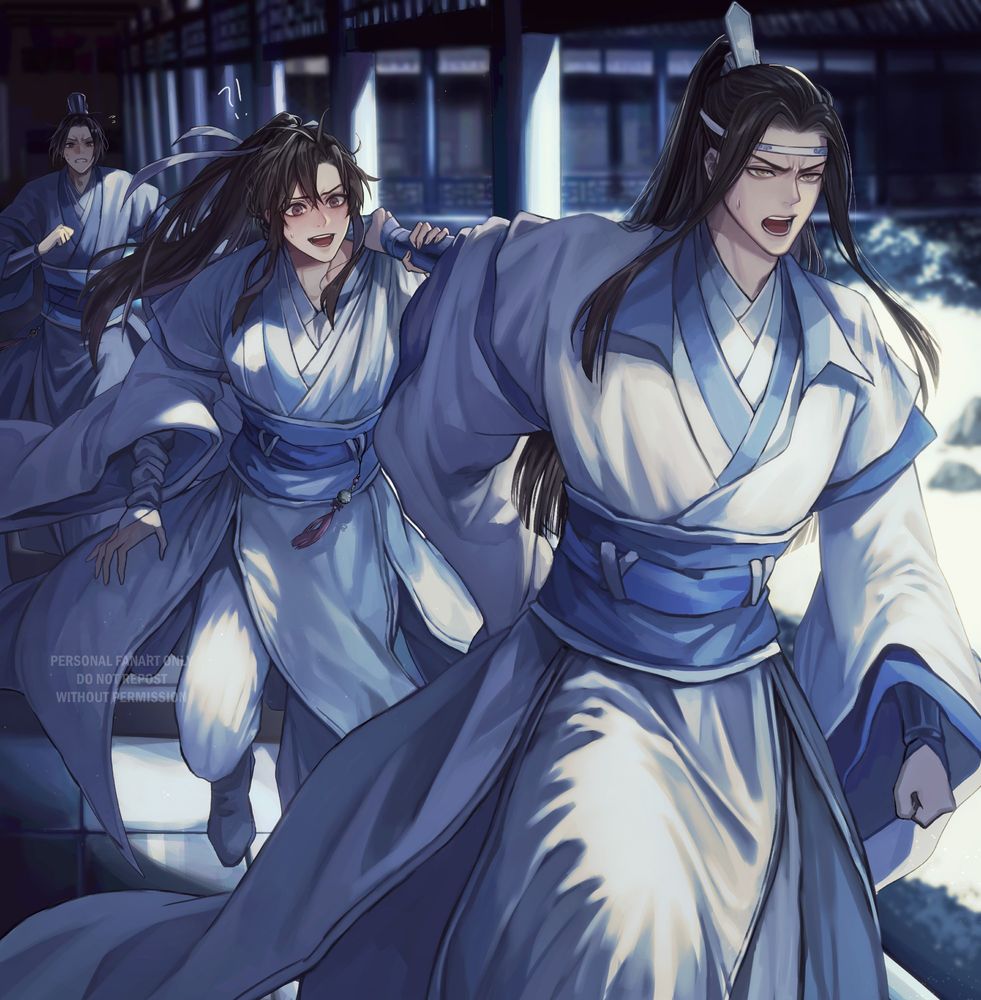 Teenaged Lan Wangji dragging hungover teenaged Wei Wuxian across the Lan estate hallway to be punished together. Jiang Cheng is seen following close behind looking worried.