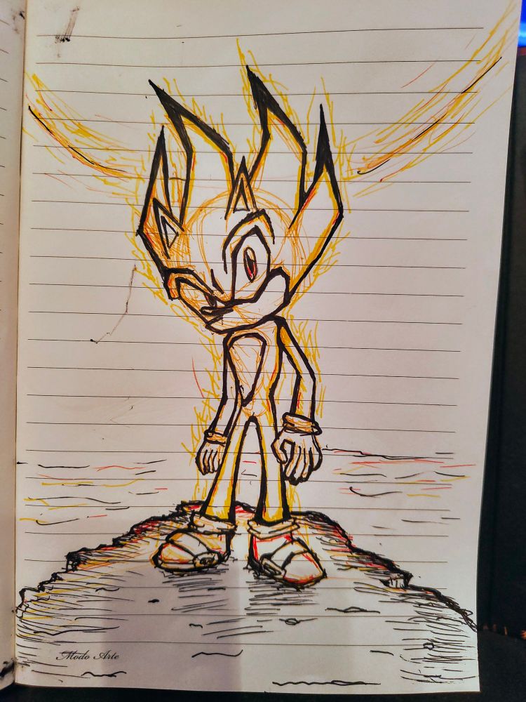 Super Sonic on a cliffside, sunset in the back

Pen and Ink