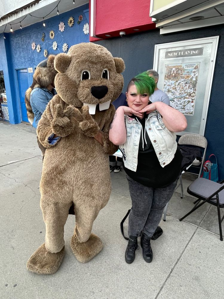 BJ Colangelo outside the New Beverly with one of the Hundreds of Beavers