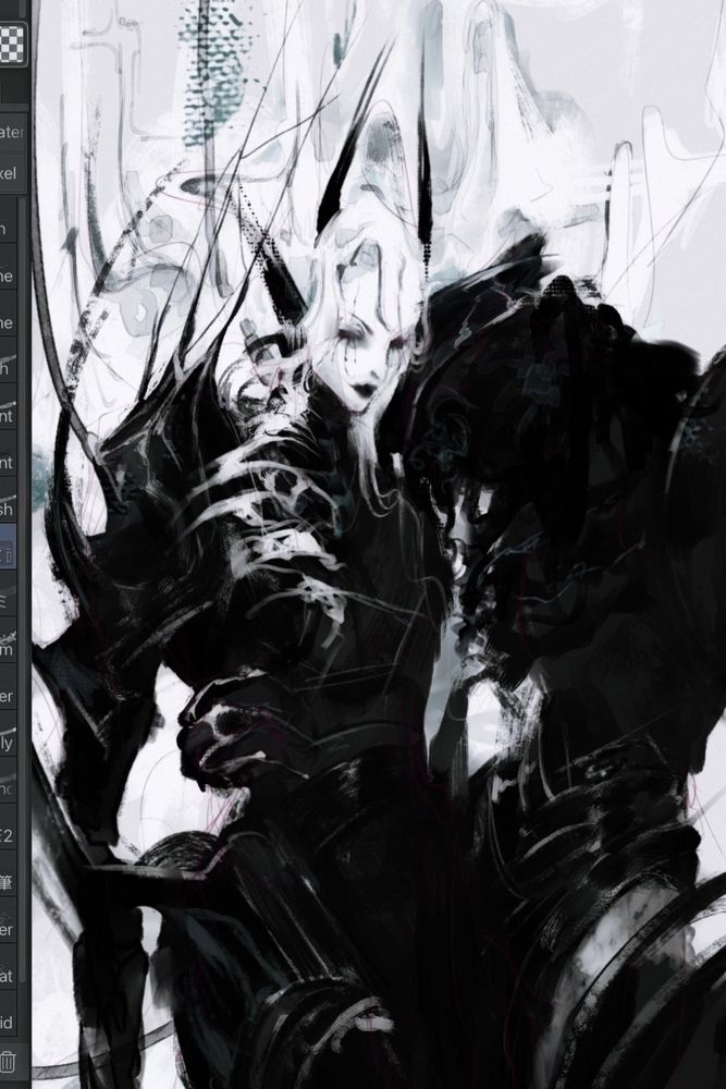 an unfinished painting of carmine and sana. it’s not very defined, but the two are idly posed together with carmine gripping sana by the waist.
