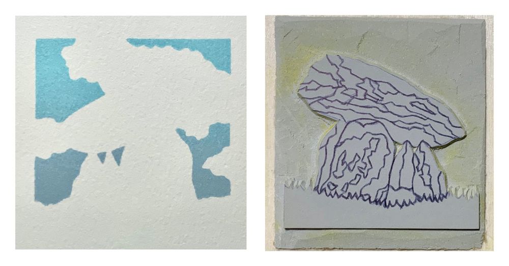 Photo of an in-progress print of a dolmen showing the print so far and the lino block