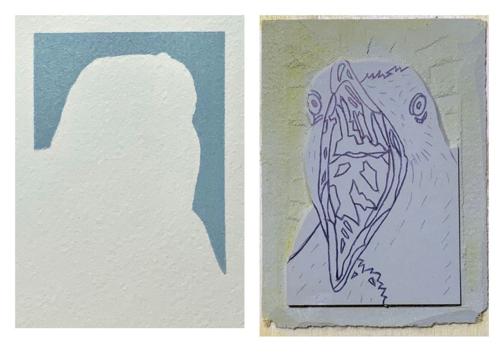 Photo of an in-progress print of a gull squawking showing the print so far and the lino block