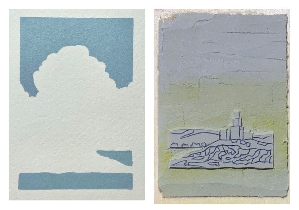 Photo of an in-progress print of the lighthouse at Mumbles showing the print so far and the lino block