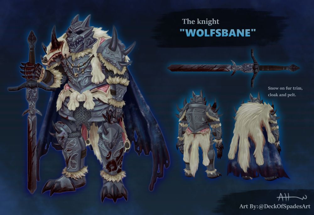 Digital art of an original design for a Knight skin called Wolfsbane. The armor has a wolf helmet while the rest of the outfit has ornate vines on it.