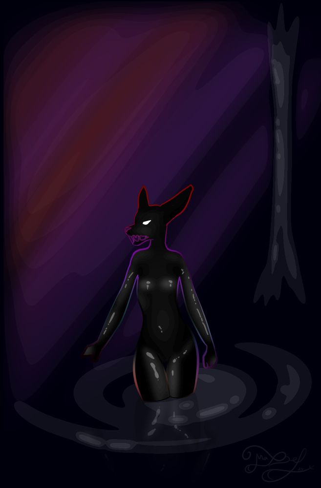 A deer in a cavernous structure made of tar. The deer is covered and mouth dripping with tar. It is being corrupted.