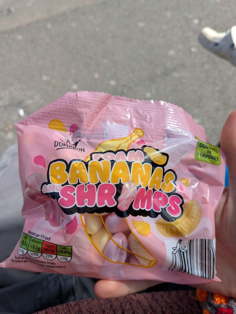 Photo of pink packet of sweets; "foam bananas and shrimps"