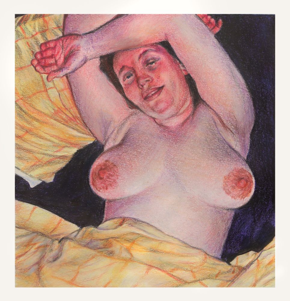 lying in bed, covers partway down,  smiling slyly