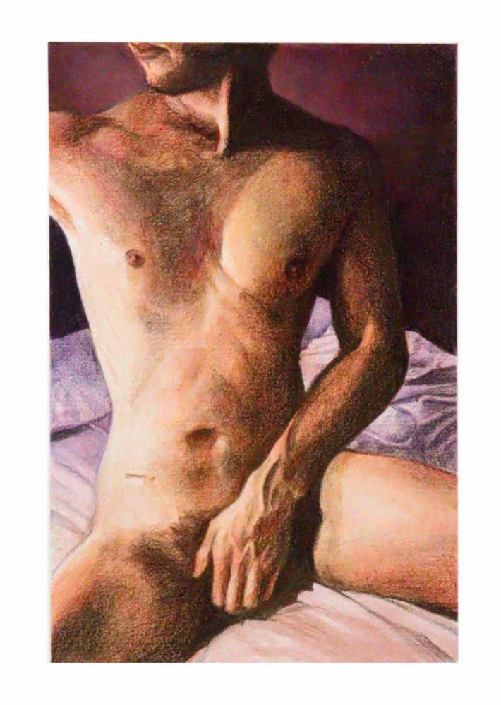 Sitting on a bed. Warm sidelight on skin
