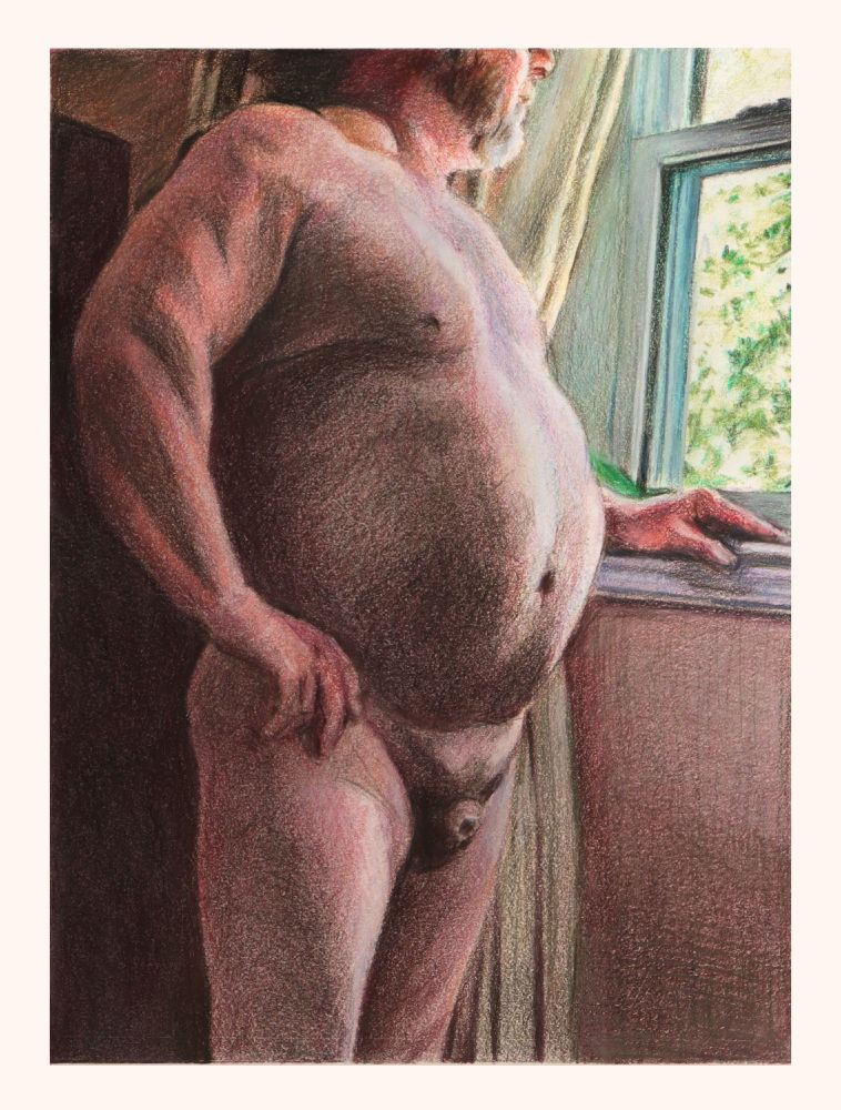 Nude man, front of torso bathed in cool light from a window