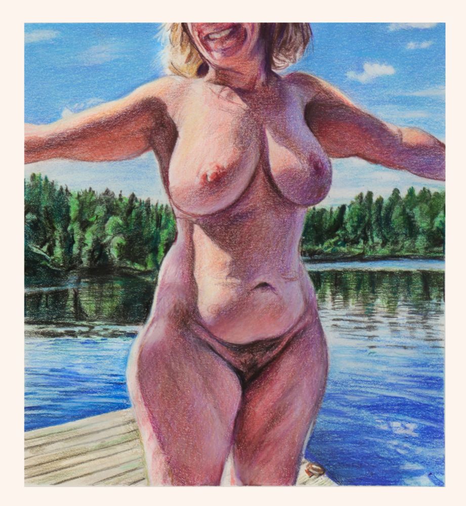 A smiling undressed woman standing on a dock, bathed in sunlight.