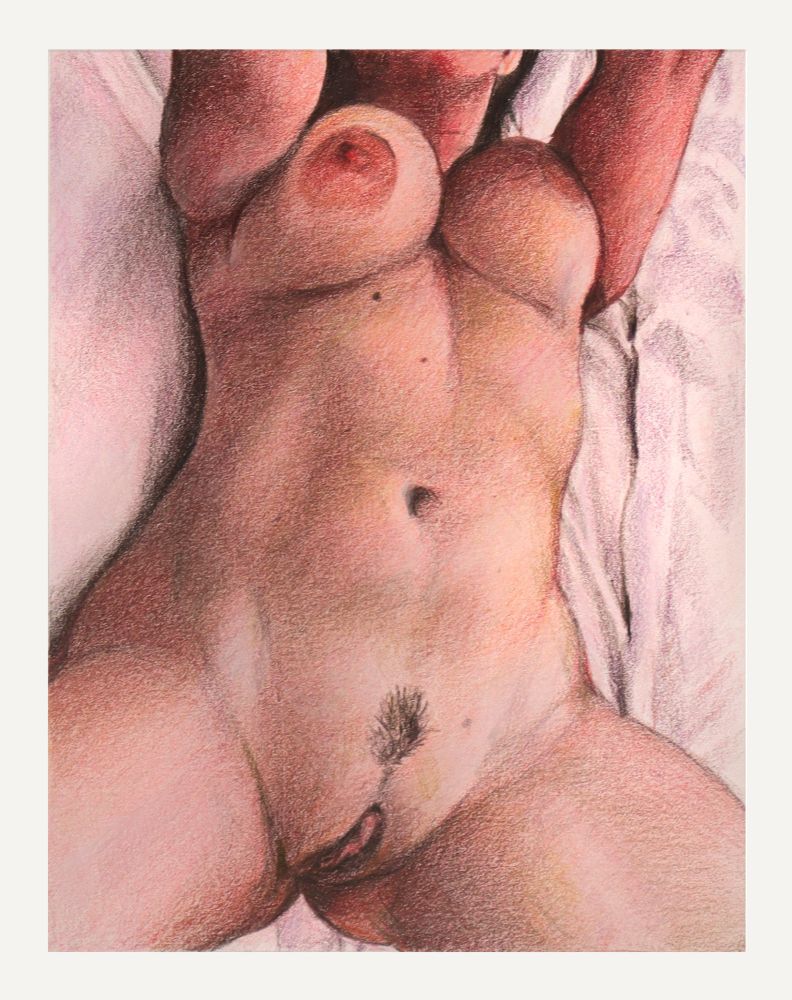 curvaceous torso, arms stretched up, on pink sheet