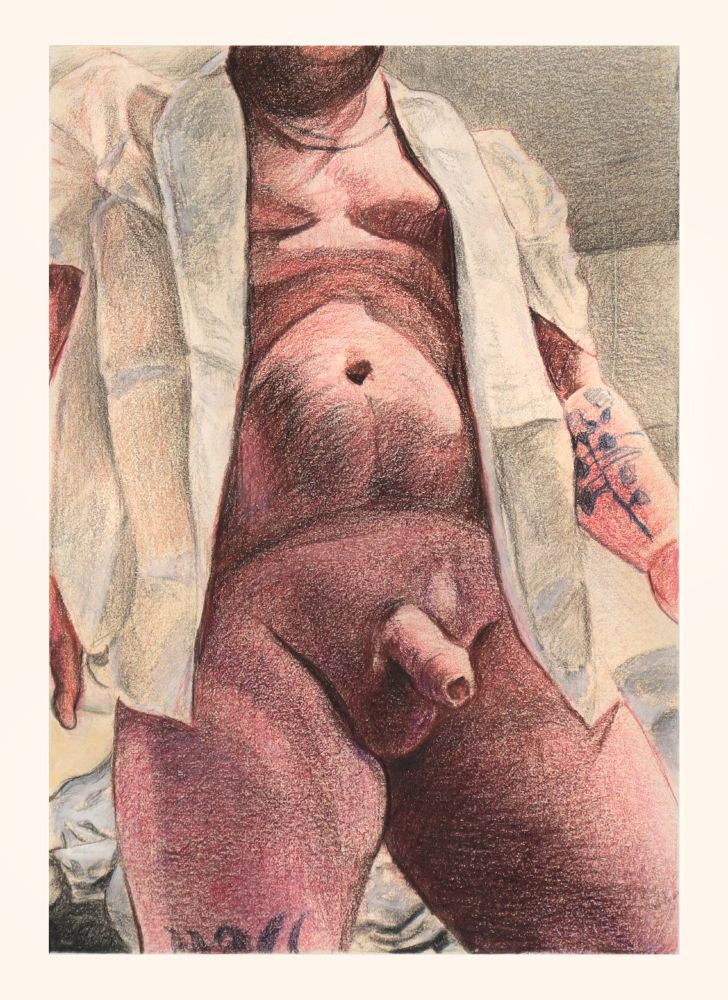 A male torso, wearing only an unbuttoned shirt. Bright light coming from above.
