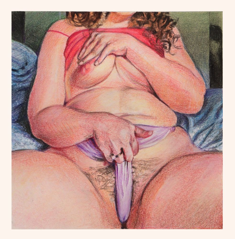 Curvy figure sitting on bed, coral red top hiked up; one hand squeezing breasts together, the other pulling lavendar briefs up taut