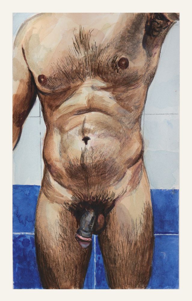 Torso from shoulder to mid-thigh. Warm brown skin with wet hair against deep blue tiles