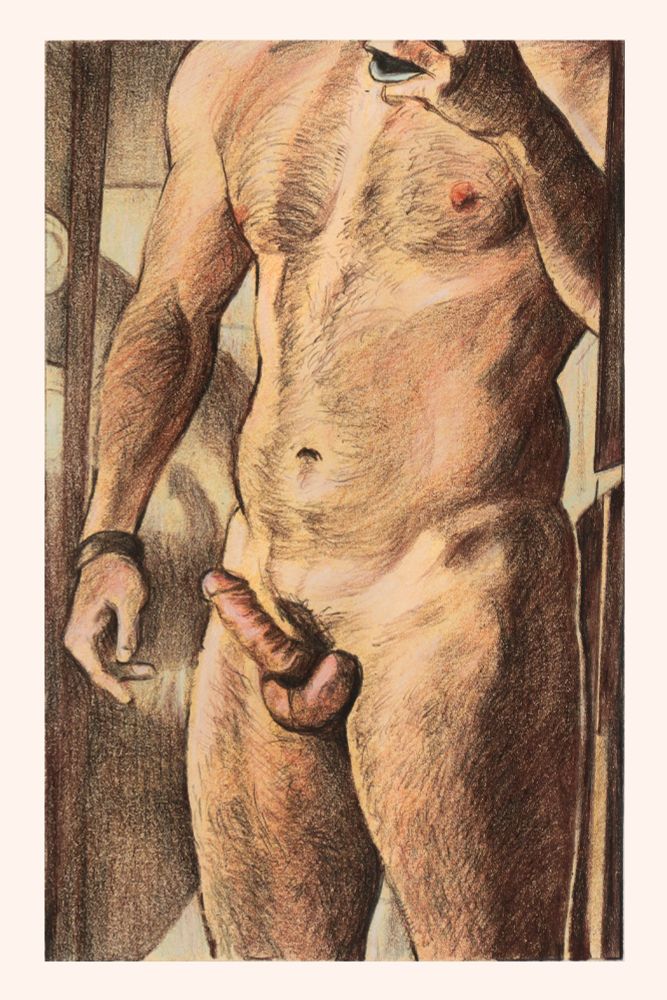 Male body in a 3/4 view, shoulder to lower thigh. Member stiffly pointing upward.