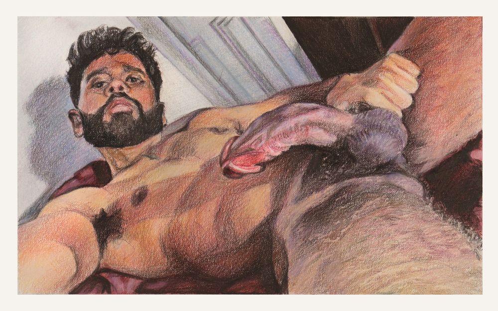 reclining, aroused, with a direct, questioning gaze