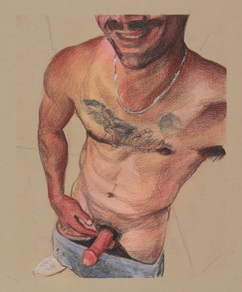 Torso of a person. Boxers pulled down. Sly smile, tattoos and stiff member.