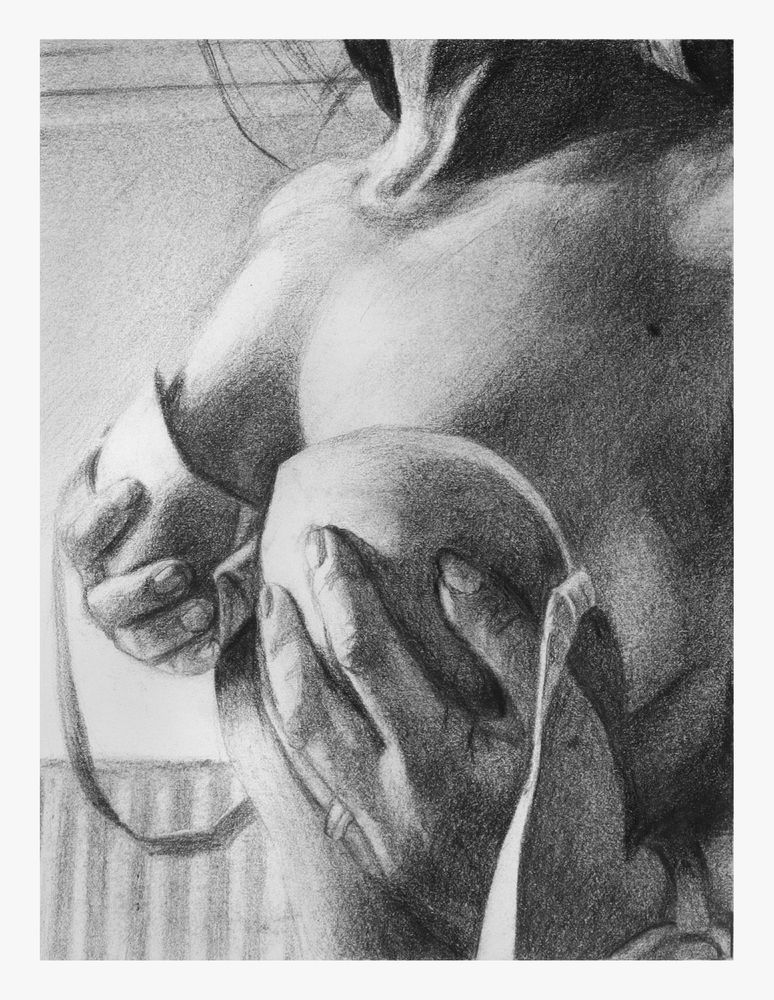 B&W drawing of a woman's hands holding bra cups up against her breasts